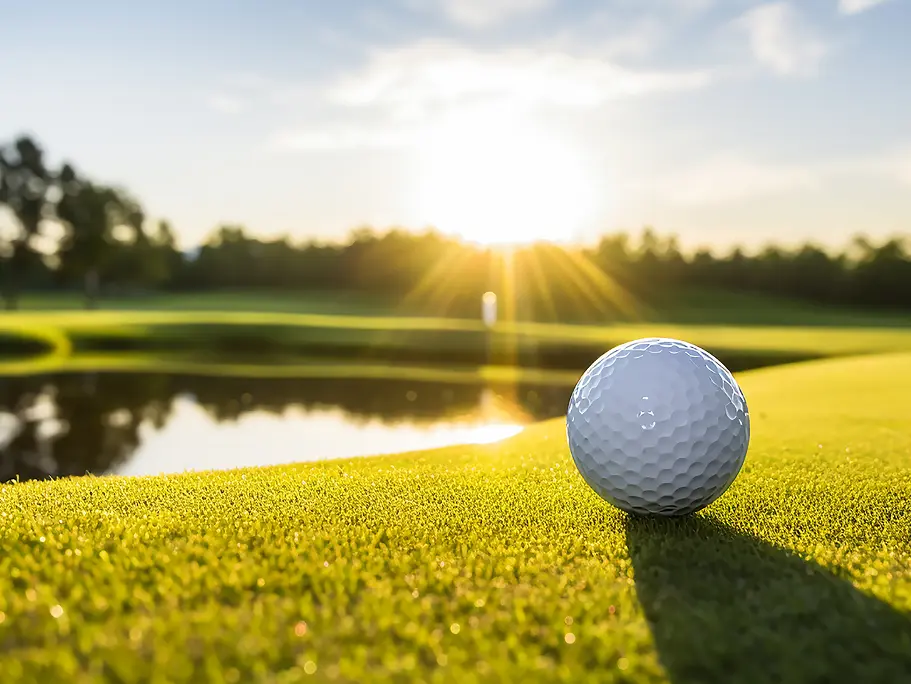 White Golf Ball On Picturesque Green Golf Course At The Sunset. Copy Space.